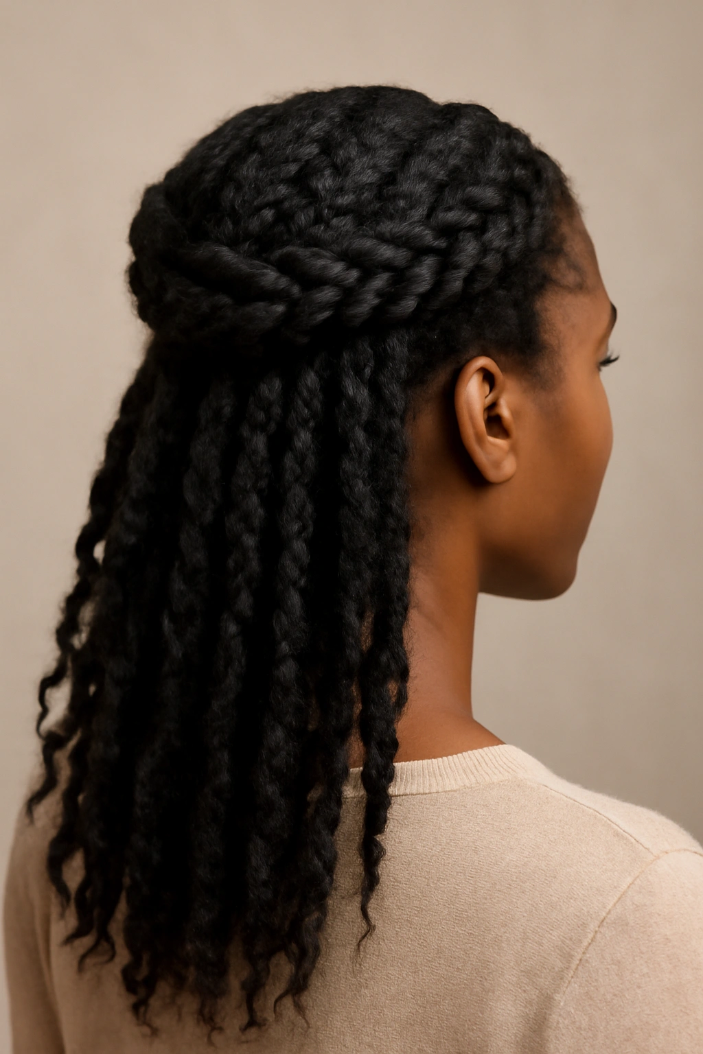 Flat twist braided crown with cascading ends along the back