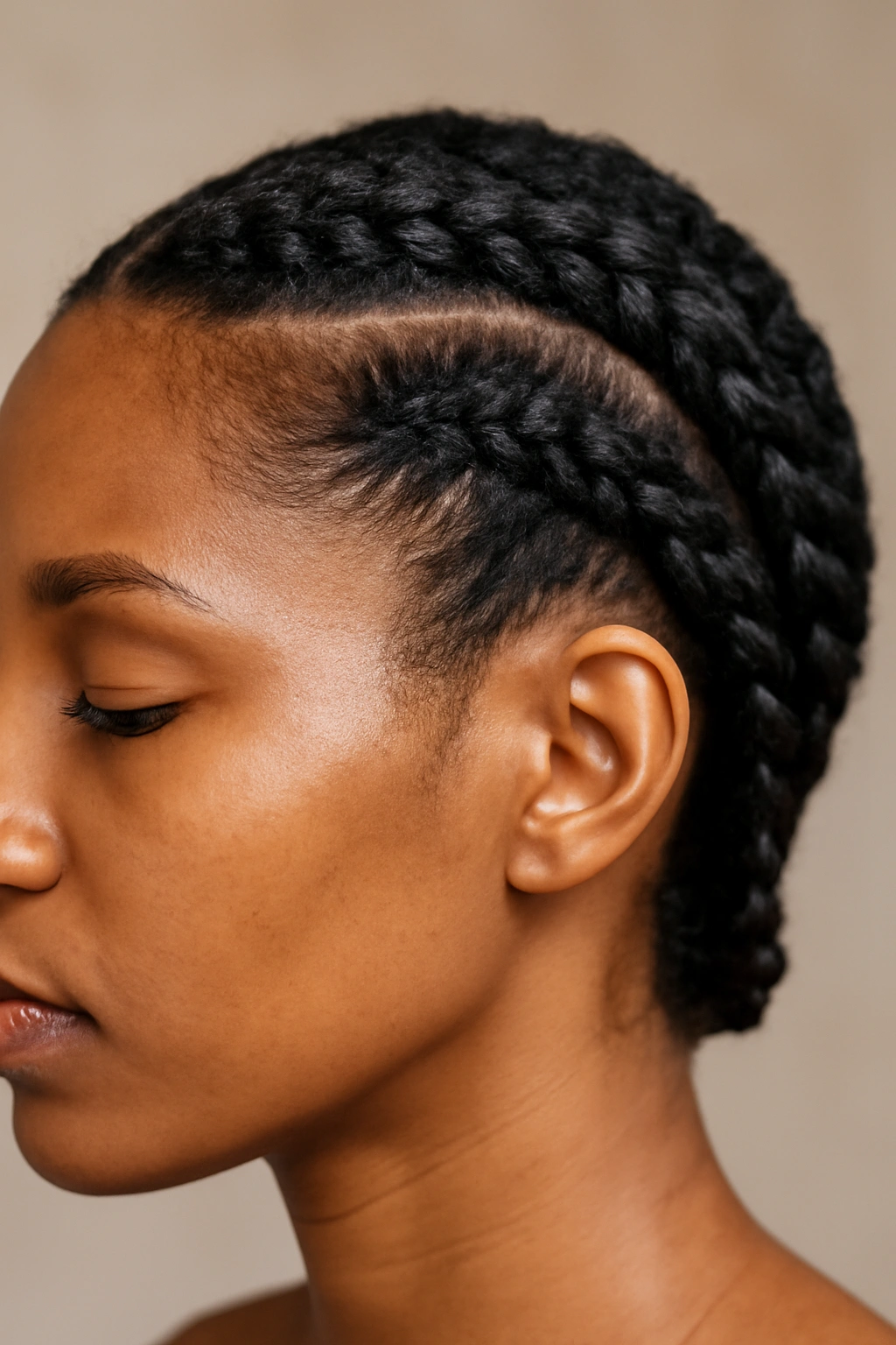 Close-up of flat twists along the scalp on dark skin; a protective hairstyle for black hair.