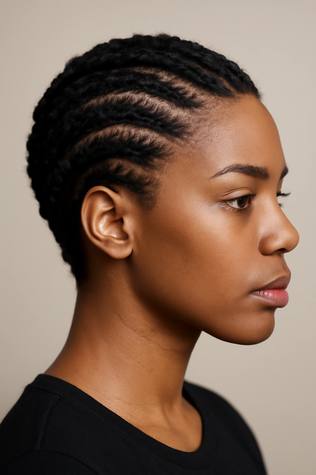 Portrait of a Black woman with flat twists along the scalp.