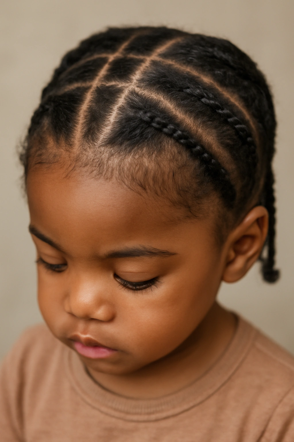 Close-up of toddler with flat twists arranged in a linear grid