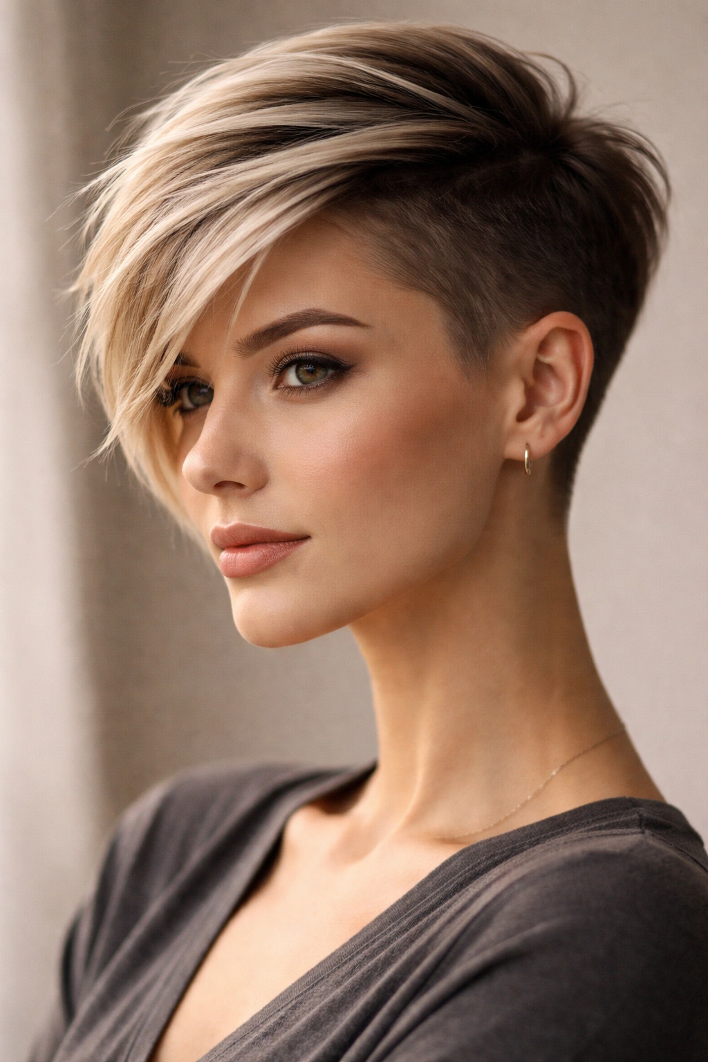 Portrait showing asymmetrical undercut pixie with flattering angles for face shapes
