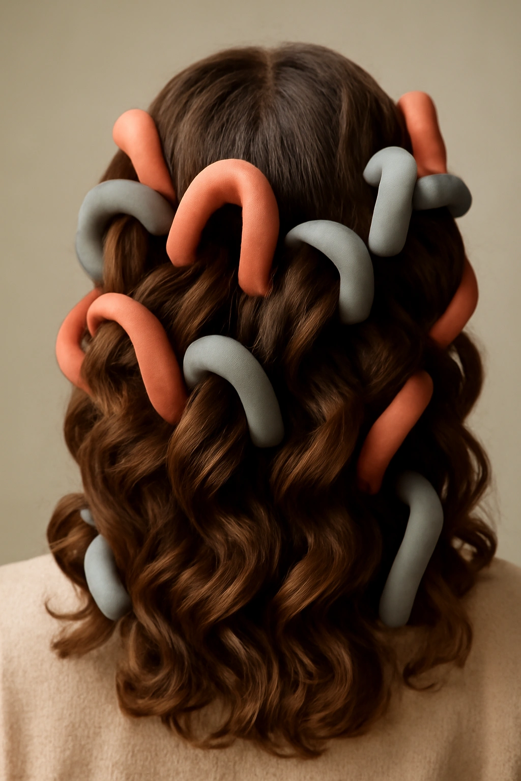 Crown-to-nape view showing flexi-rods wrapped in damp hair for bouncy waves