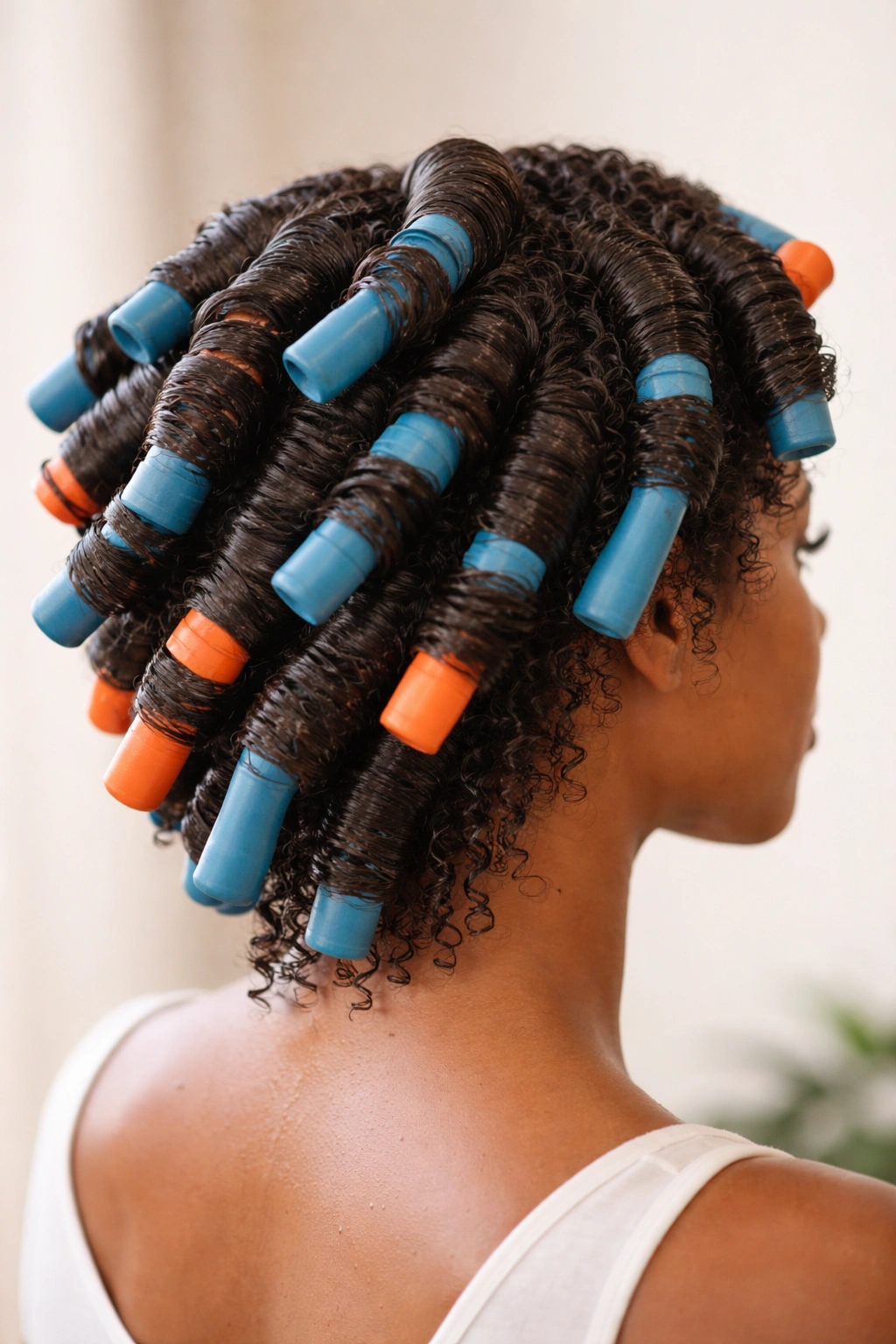 Damp hair rolled on flexi rods showing structured curls in studio