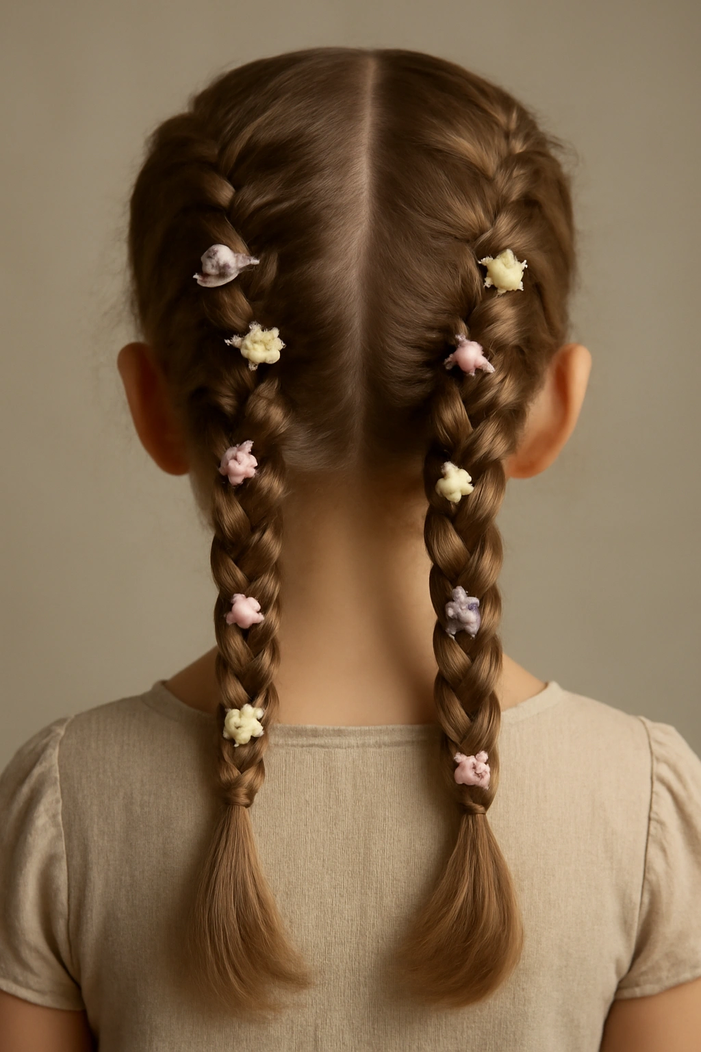 Close-up of two Dutch braids adorned with small silk flowers along the length
