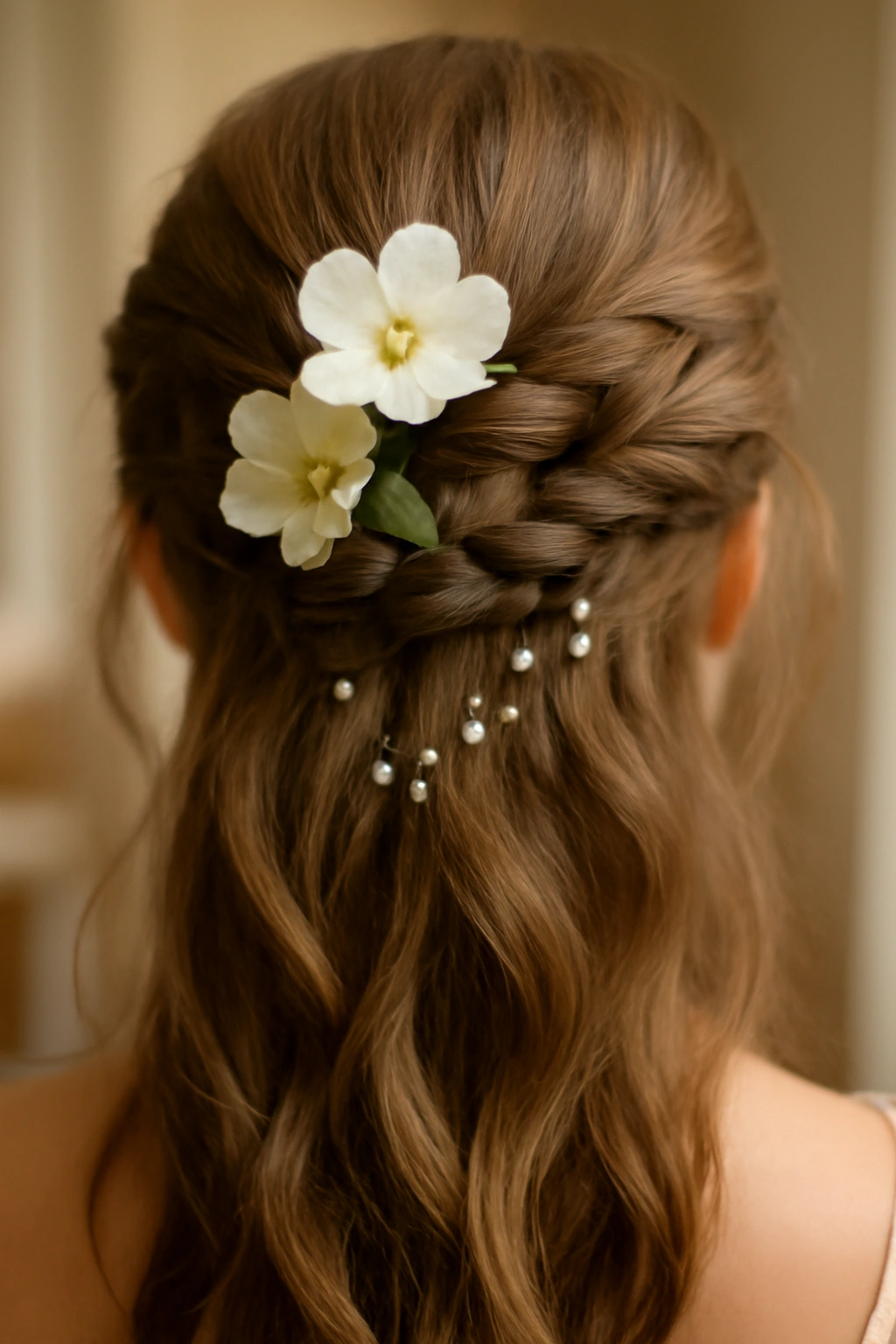 Half-up braid with fresh flowers and pearl pins for bridal sparkle