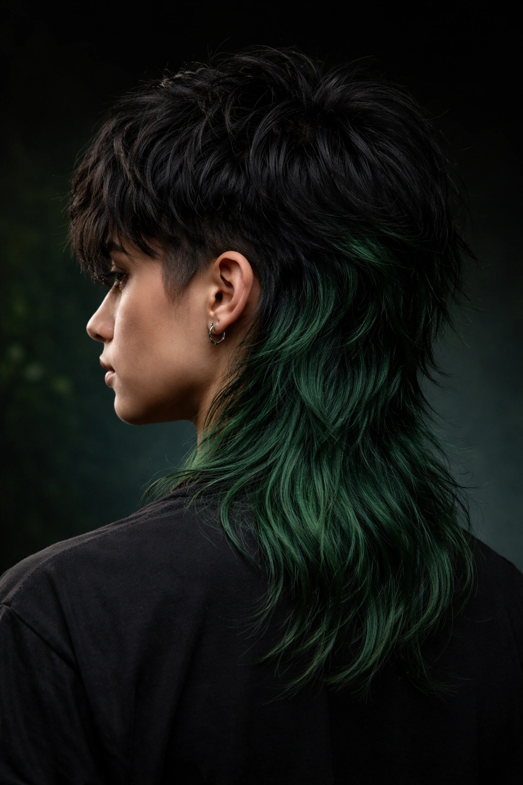 Side profile of a mullet fading from black to forest green at the back