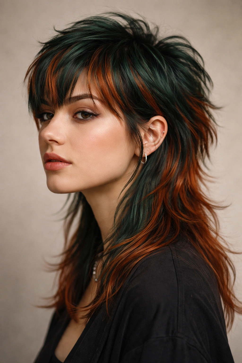 Close-up of forest green mullet with copper accents and depth