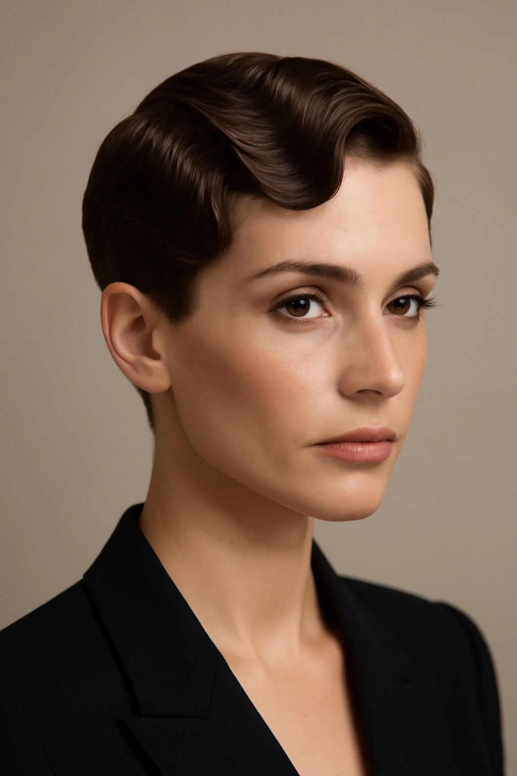 Short hair with a sleek base and glamorous waves on top