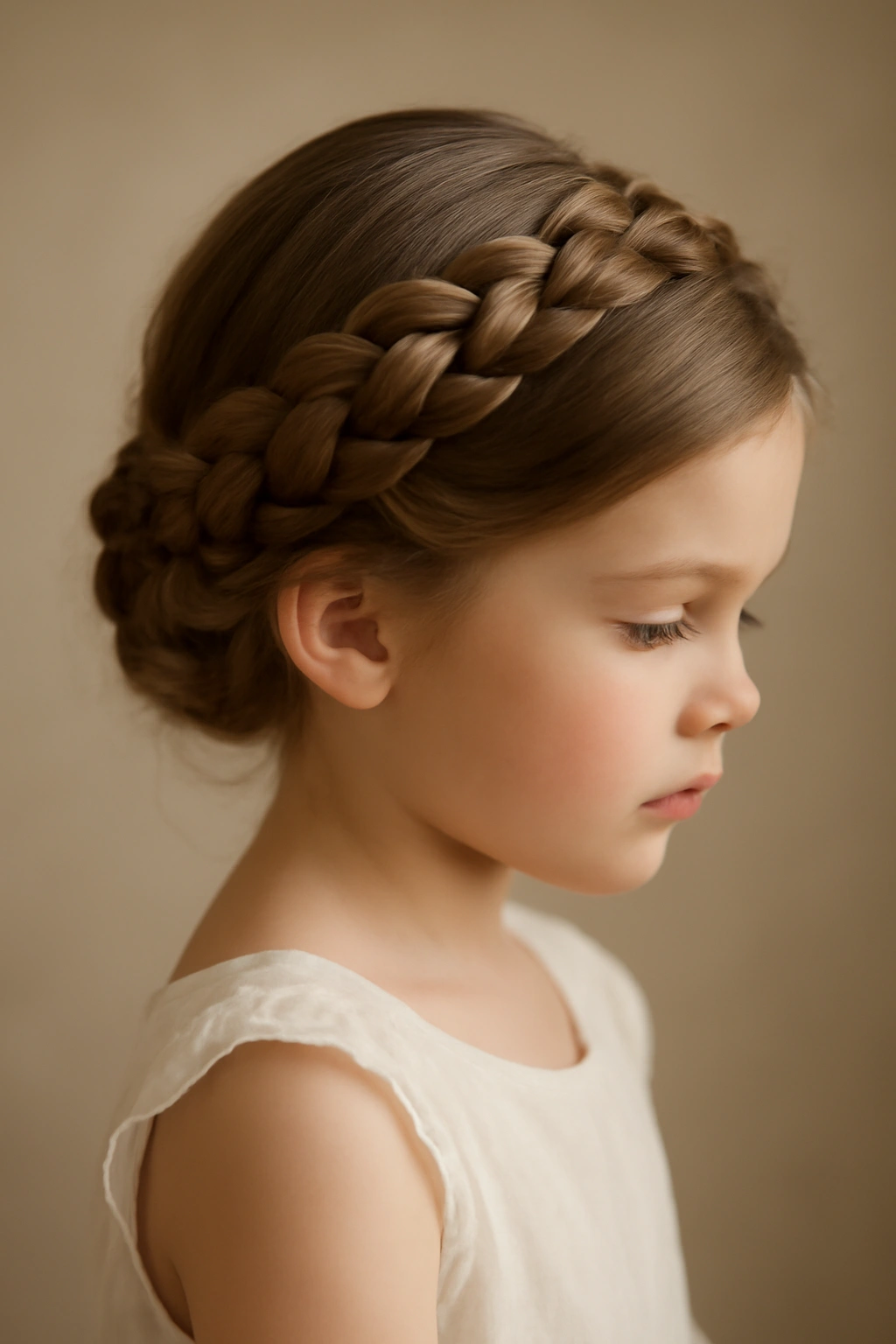 Profile view of a flower girl with a thick four-strand braided crown around the head
