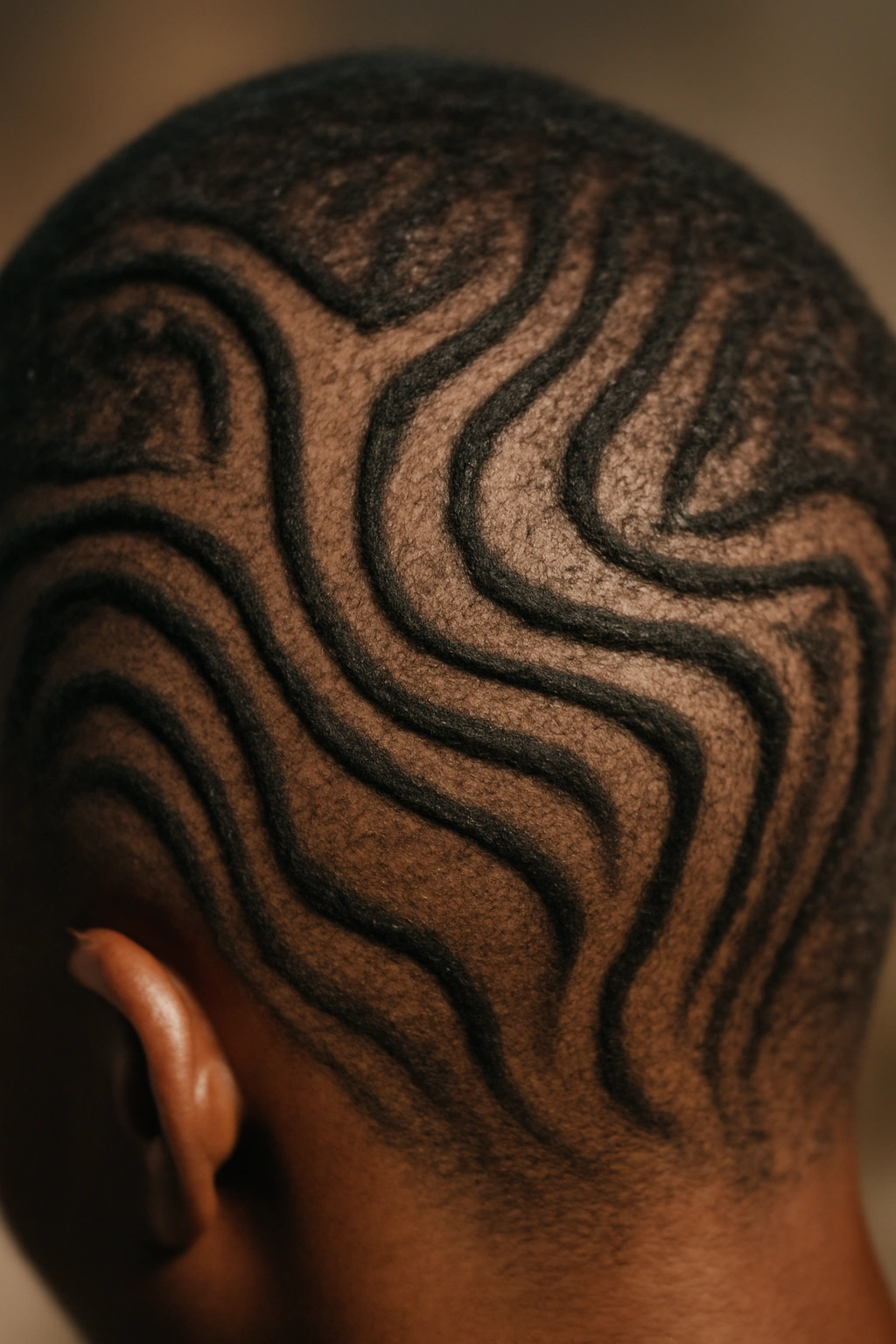 Close-up of freeform abstract line designs on the scalp