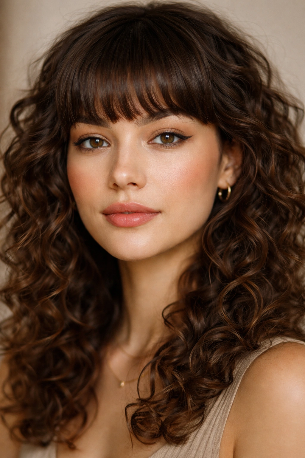 Close-up of blunt, French bangs above the eyebrows on curly hair.