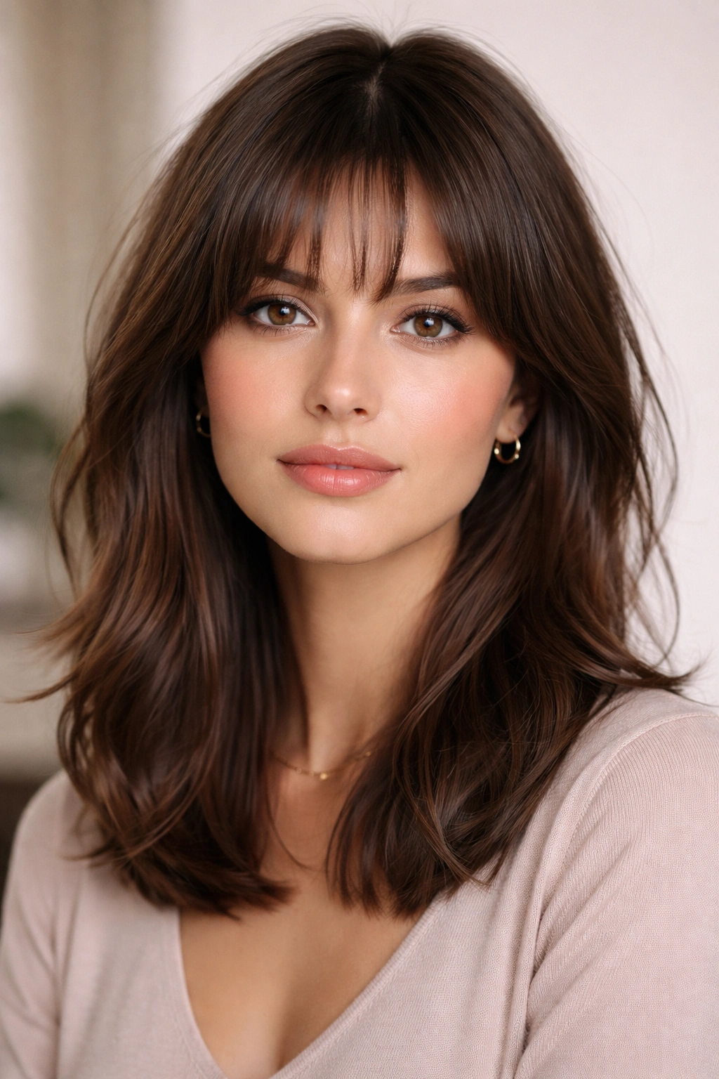Close-up of eyebrow-length French bangs on medium-length hair