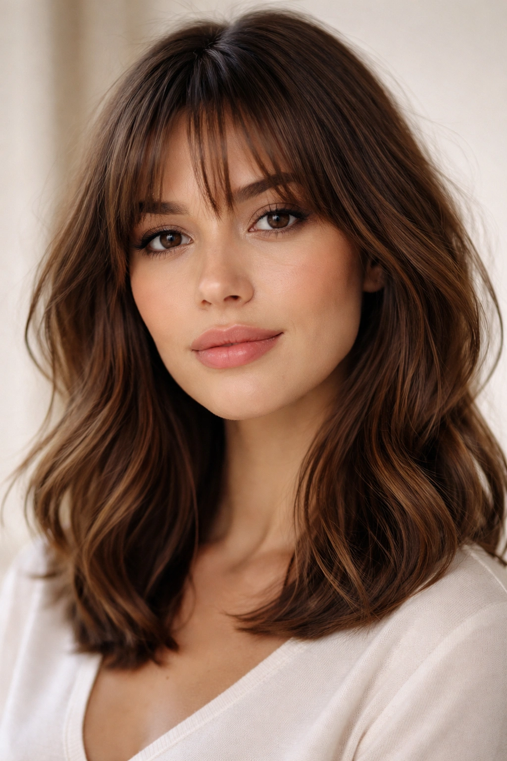 Close-up portrait of a person with wispy, high French bangs on medium-length hair