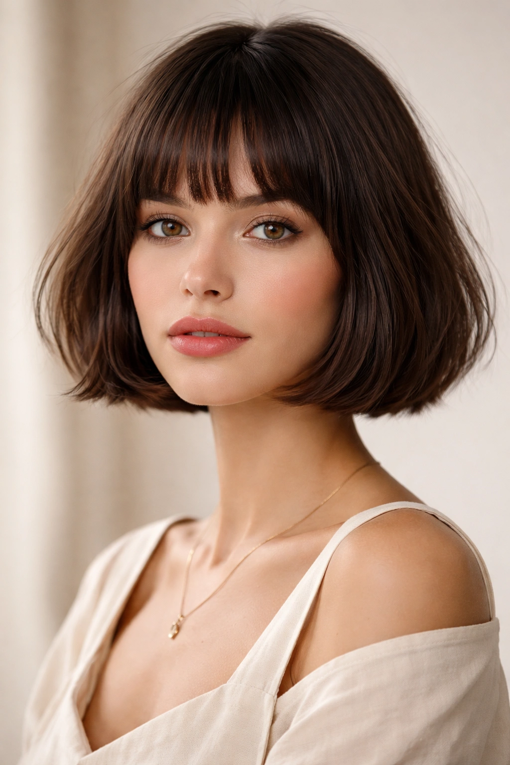Portrait of a model with a chin-length French Bob and textured bangs