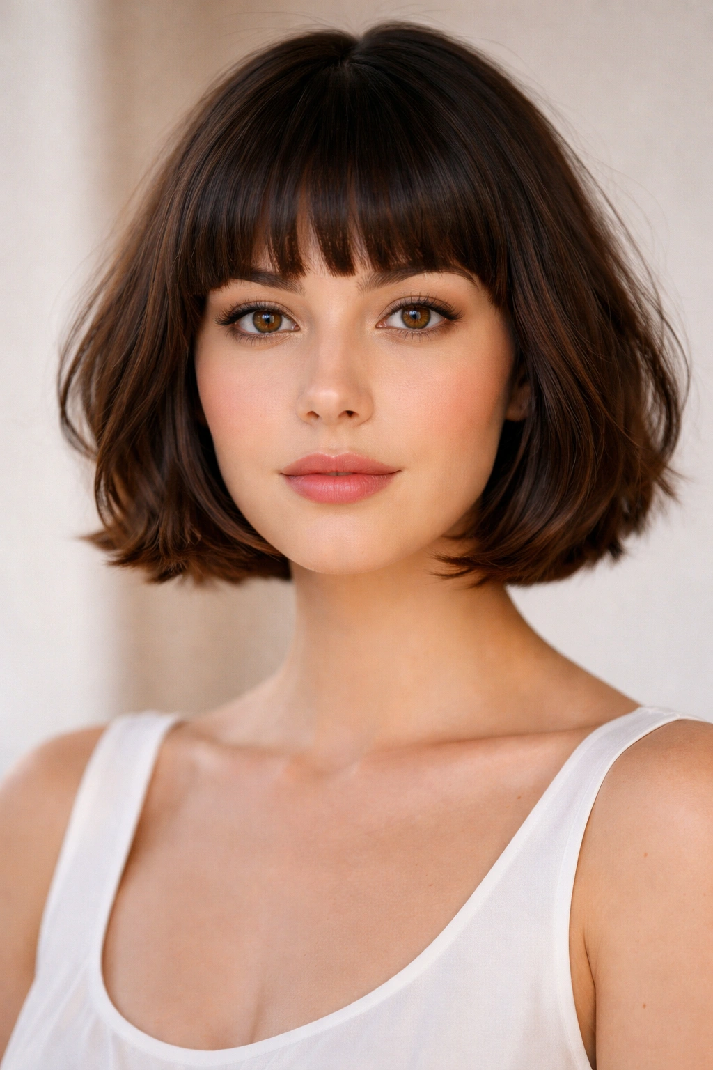 Portrait of a model with French bob and blunt bangs for pear-shaped faces