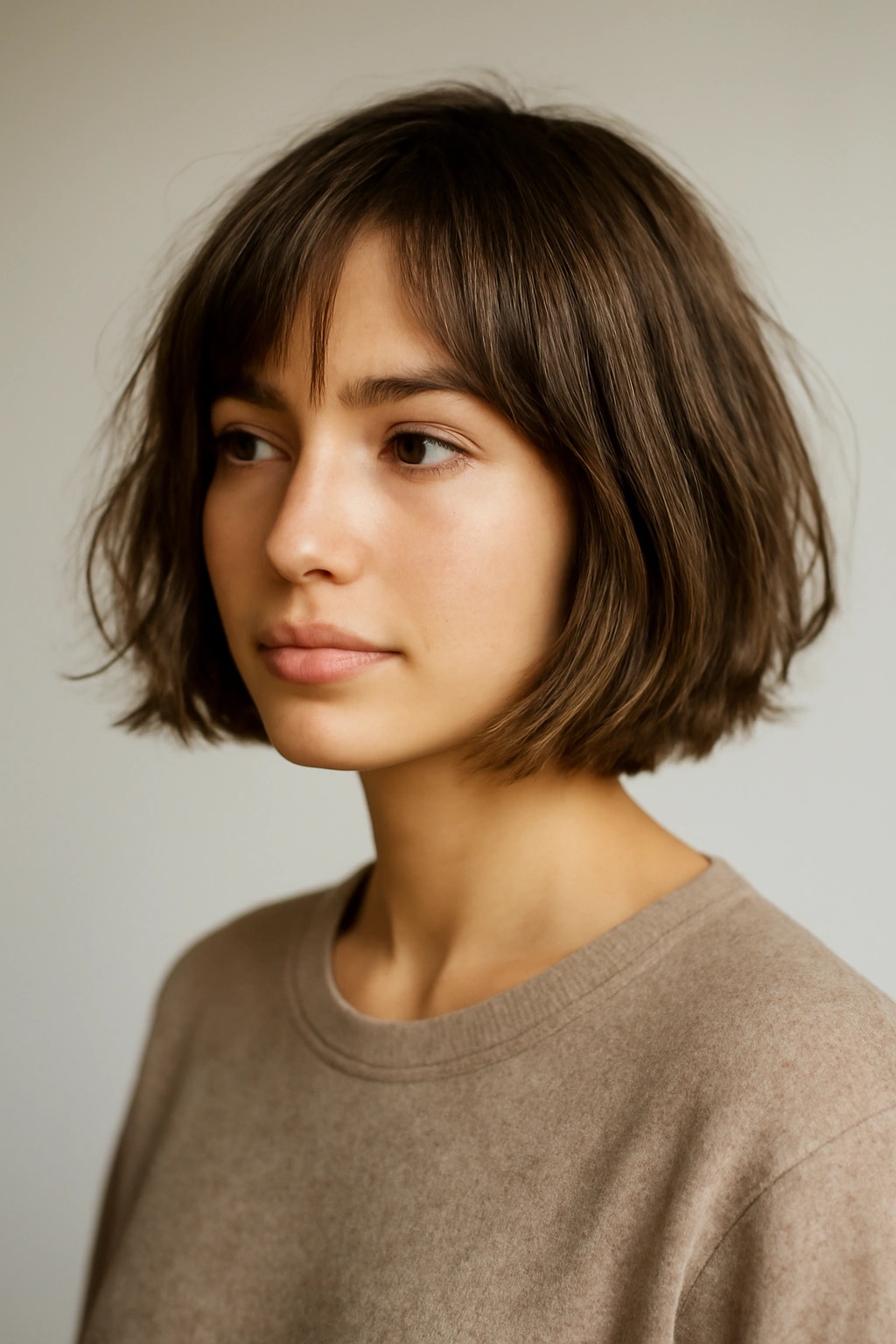 French girl bob on straight and wavy hair textures in studio lighting.