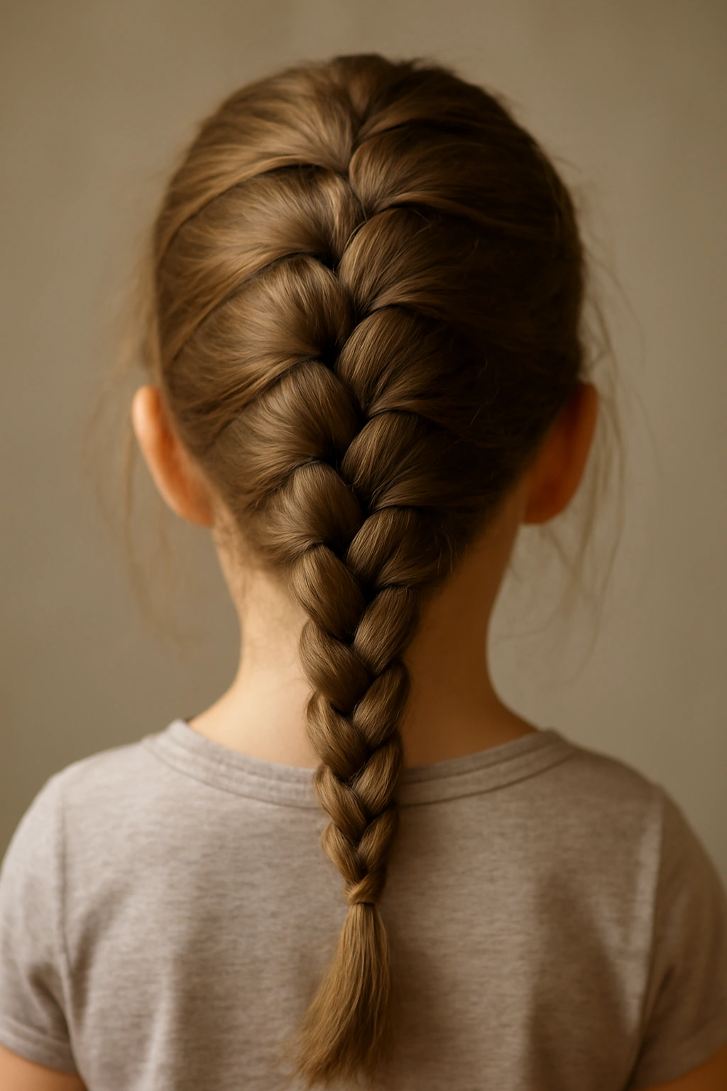 Close-up of a crown-start French braid incorporating hair