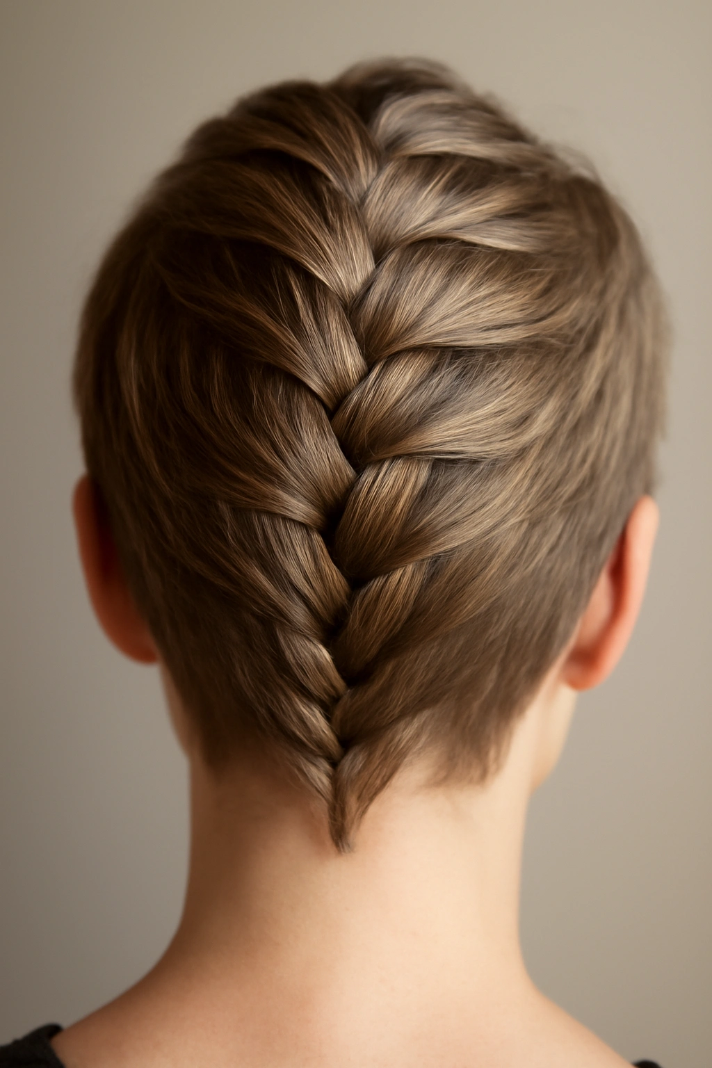Close-up of crown-origin French braid on short hair