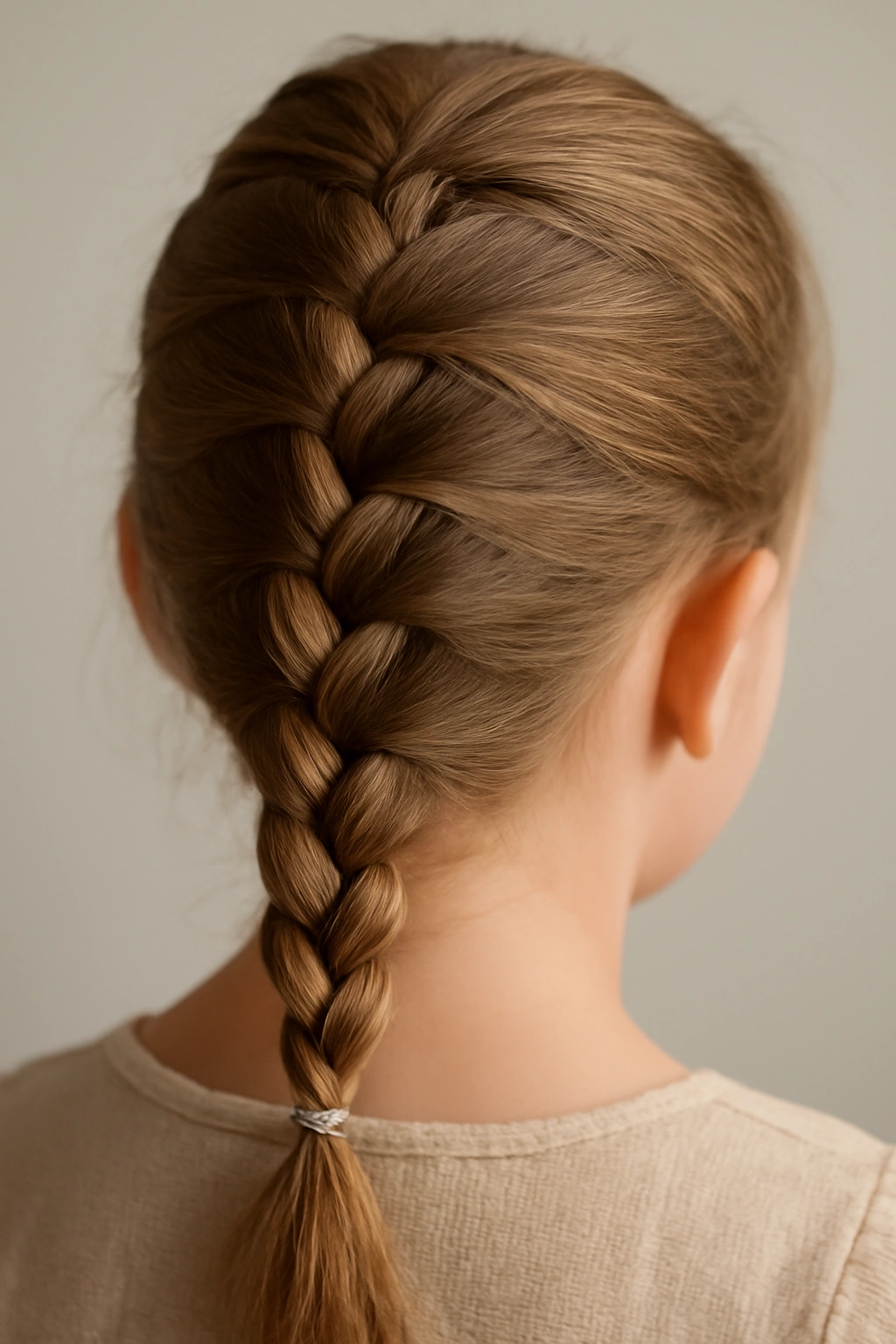 Toddler with a French braid segmented by elastics along the length