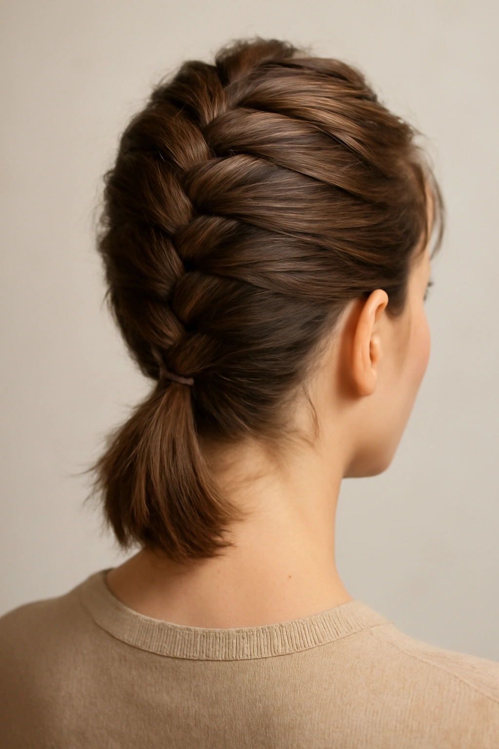 Crown French braid integrated into a ponytail on short hair