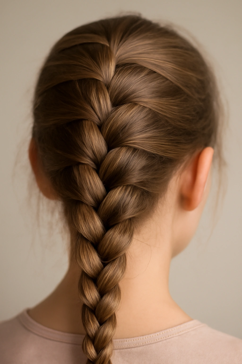 Close-up view of a French braid secured along the scalp on a child's head