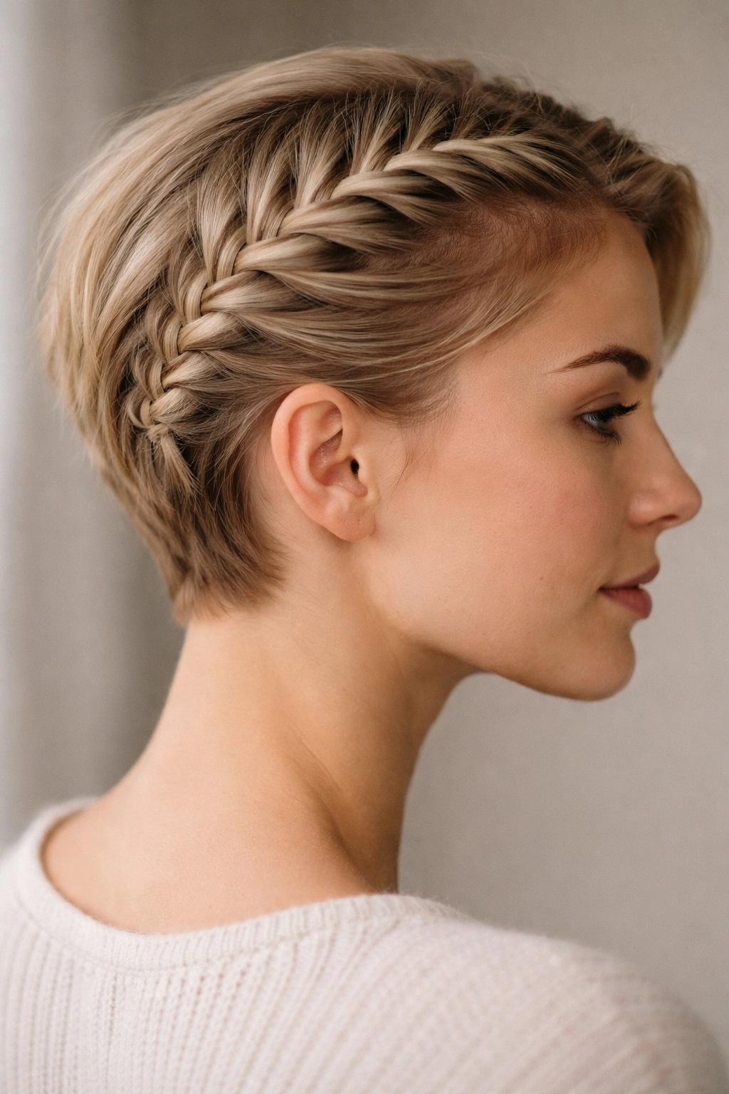 French braid along the scalp on short hair
