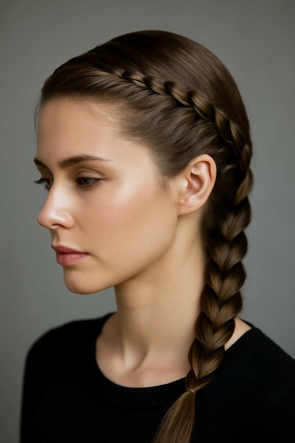 Close-up of side-swept French braid with polished front sections