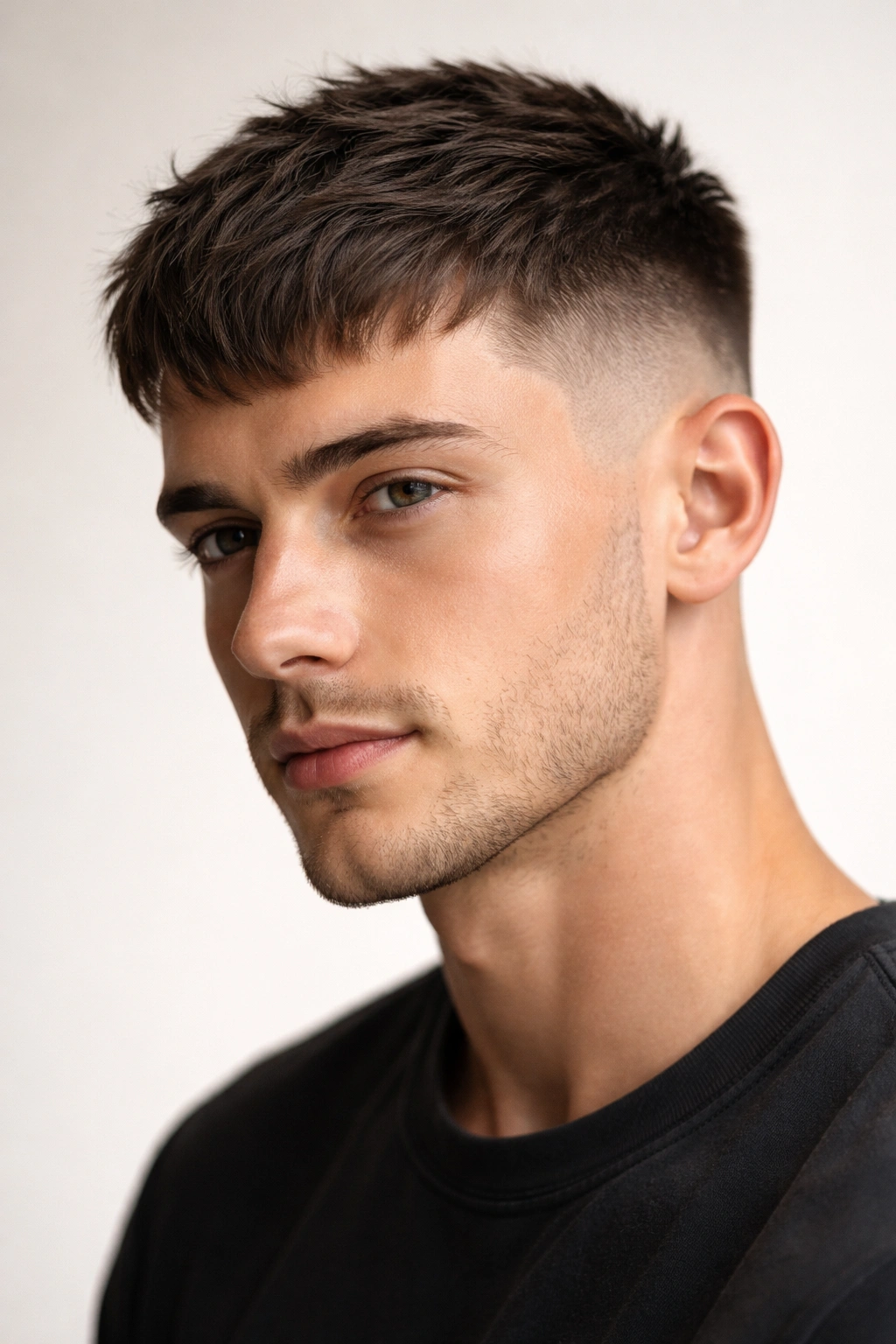Close-up of a person with a short textured crop and faded sides, showcasing the French crop hairstyle