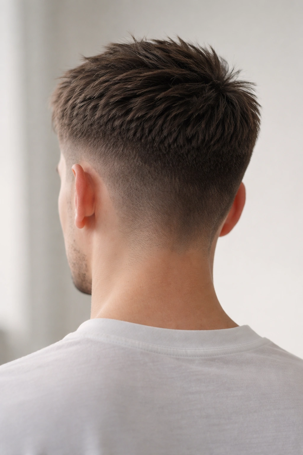 Back view of French crop with short sides and crown length.