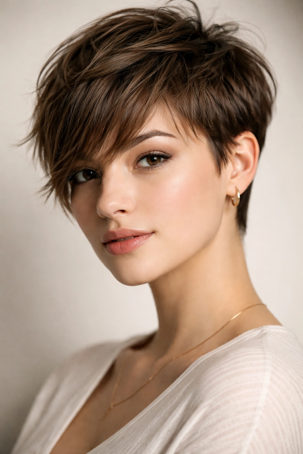 Close-up of a French Girl Crop with forward-textured front pieces framing the face in a chic short hairstyle