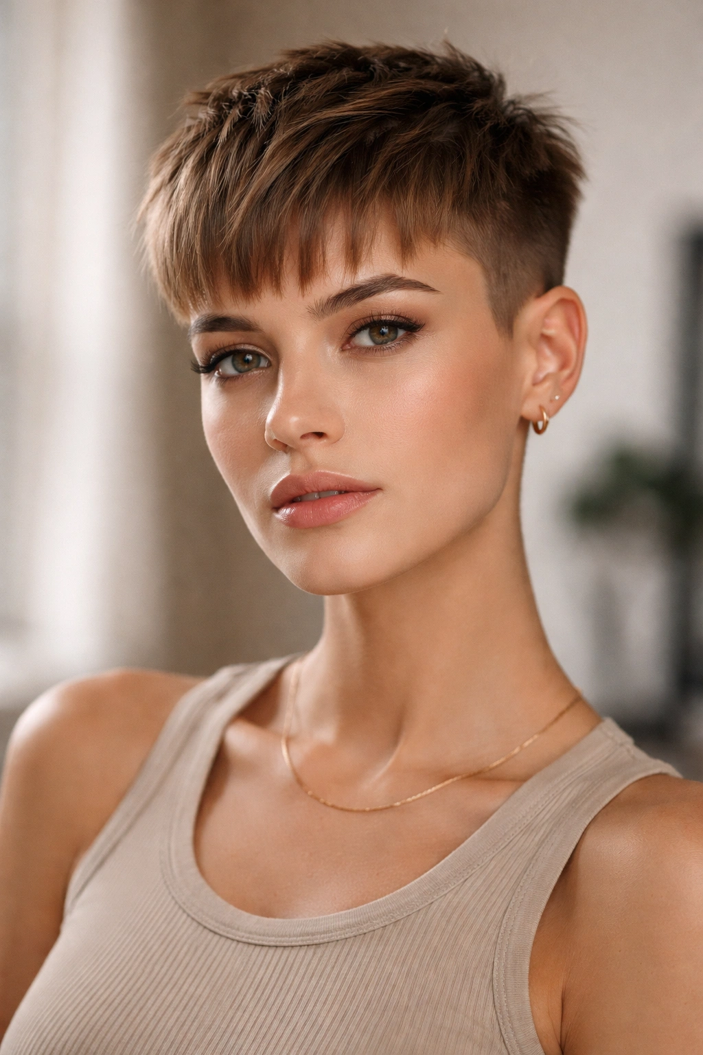 Portrait of a person with a French crop featuring a longer top and soft fringe.