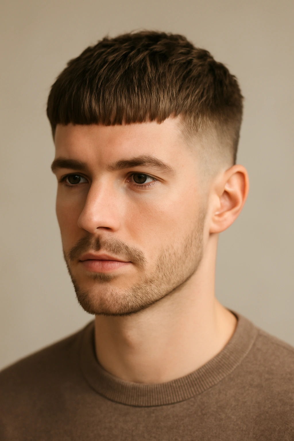Close-up portrait of a man with a French crop, thick fringe and faded sides