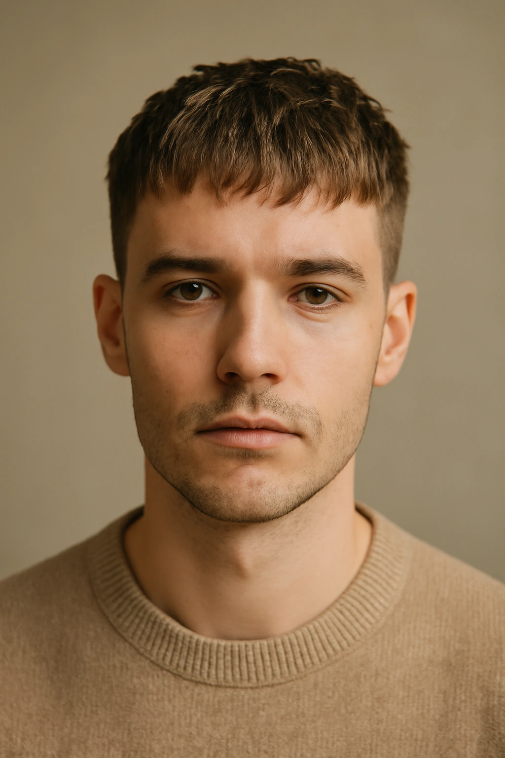 Front view of a person with a French crop and fringe