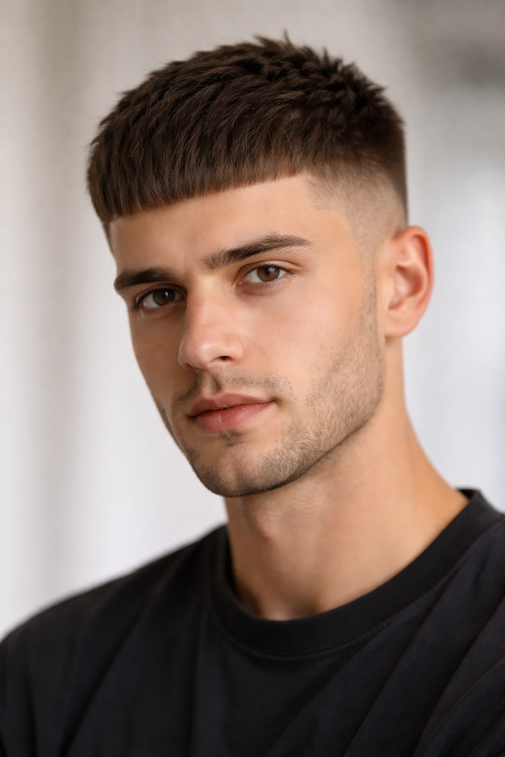 French crop hairstyle with flat top and blunt bangs in studio portrait