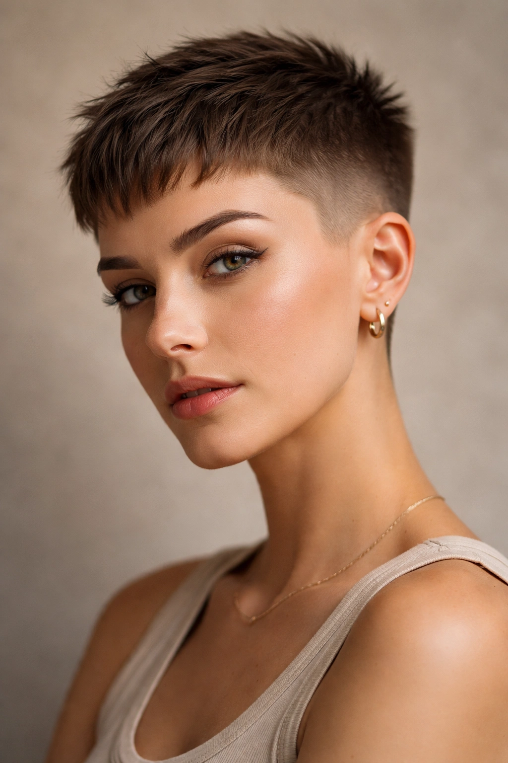Portrait of a person with a French crop showing faded sides and textured top