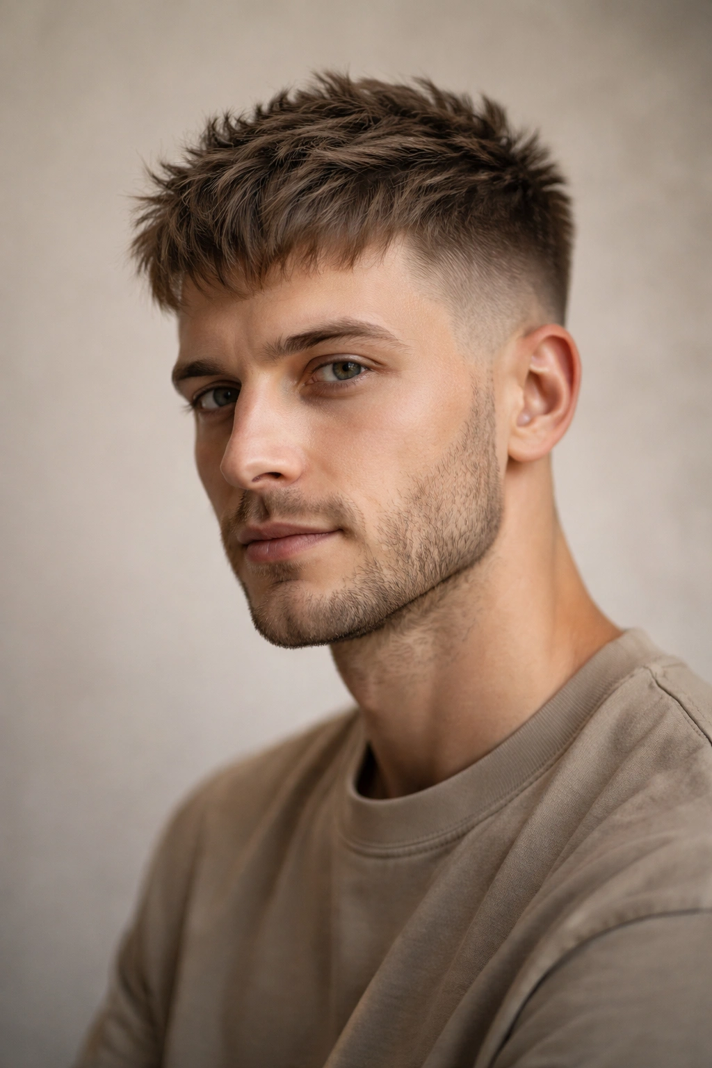 French Crop hairstyle with short faded sides and forward textured fringe