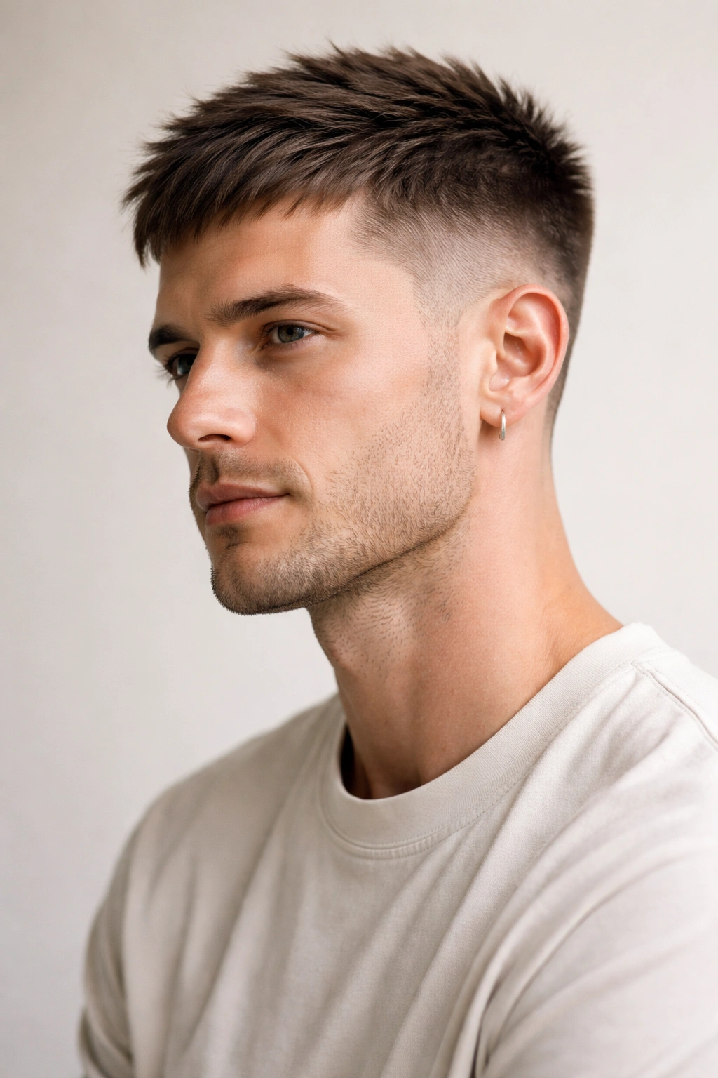 Portrait of The French Crop with short sides and lifted crown.