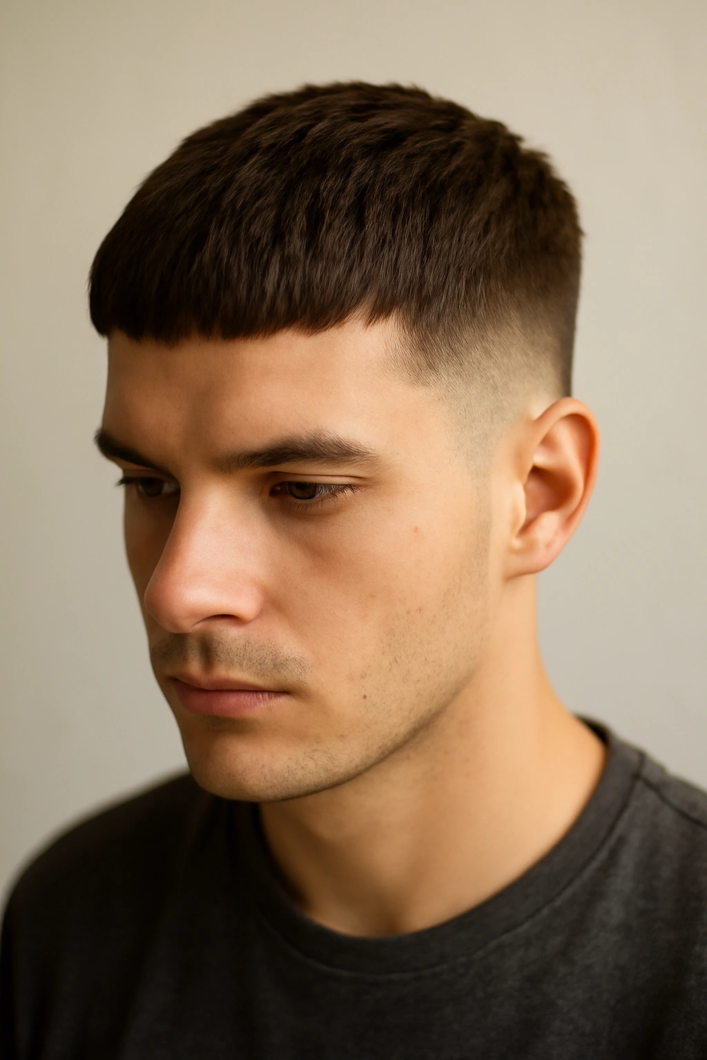 Close-up of French crop with forward fringe and short sides