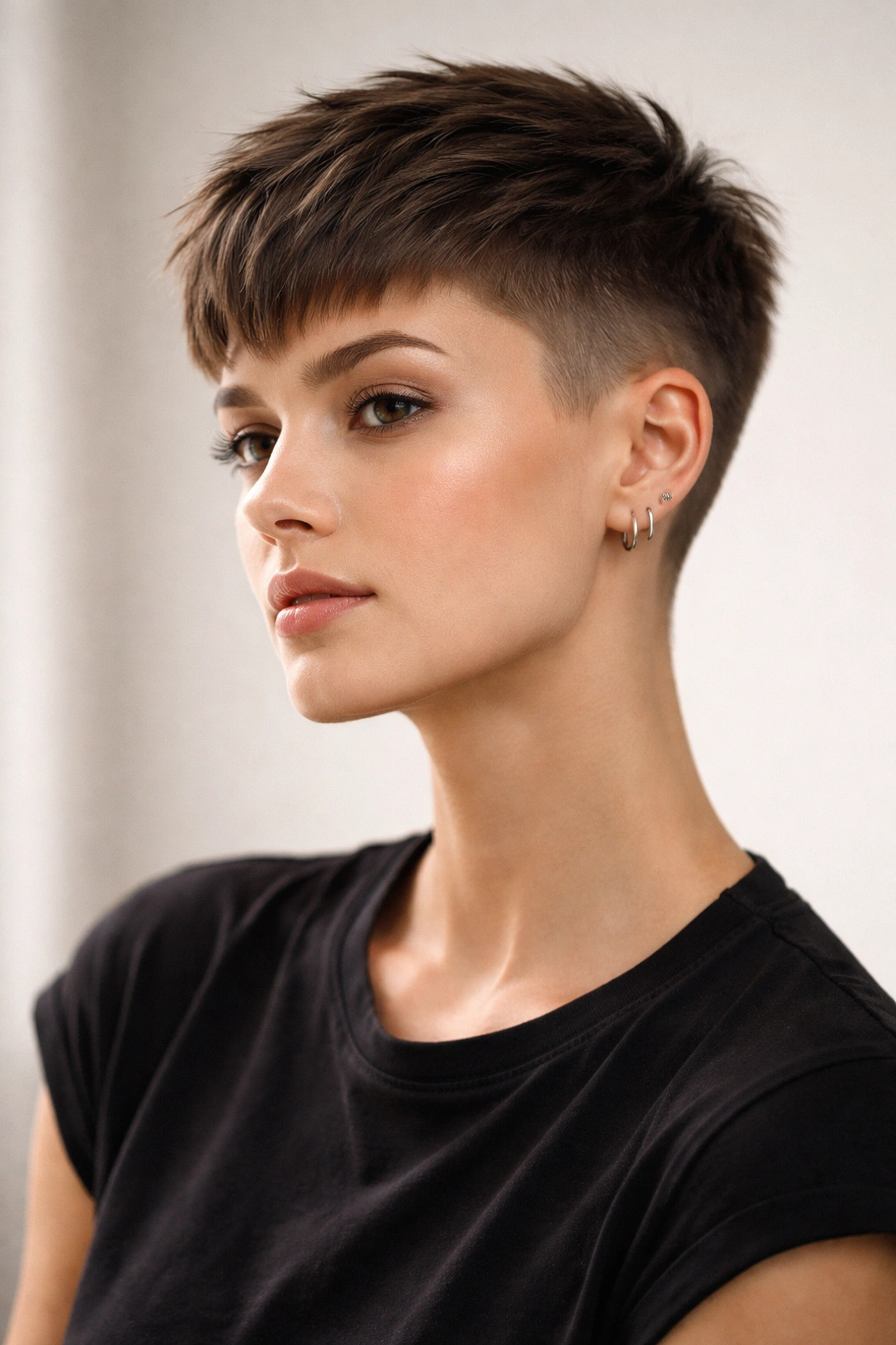 Portrait of a woman with a French crop showing longer front and short sides