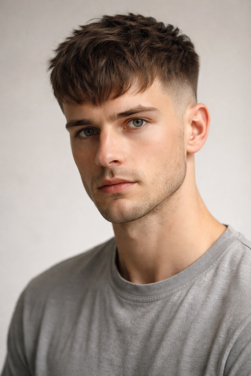Close-up of French crop hairstyle with textured top and short sides