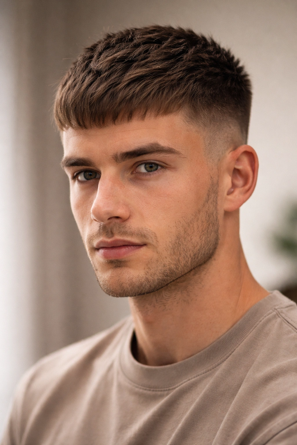 French crop hairstyle with textured top and clean fade