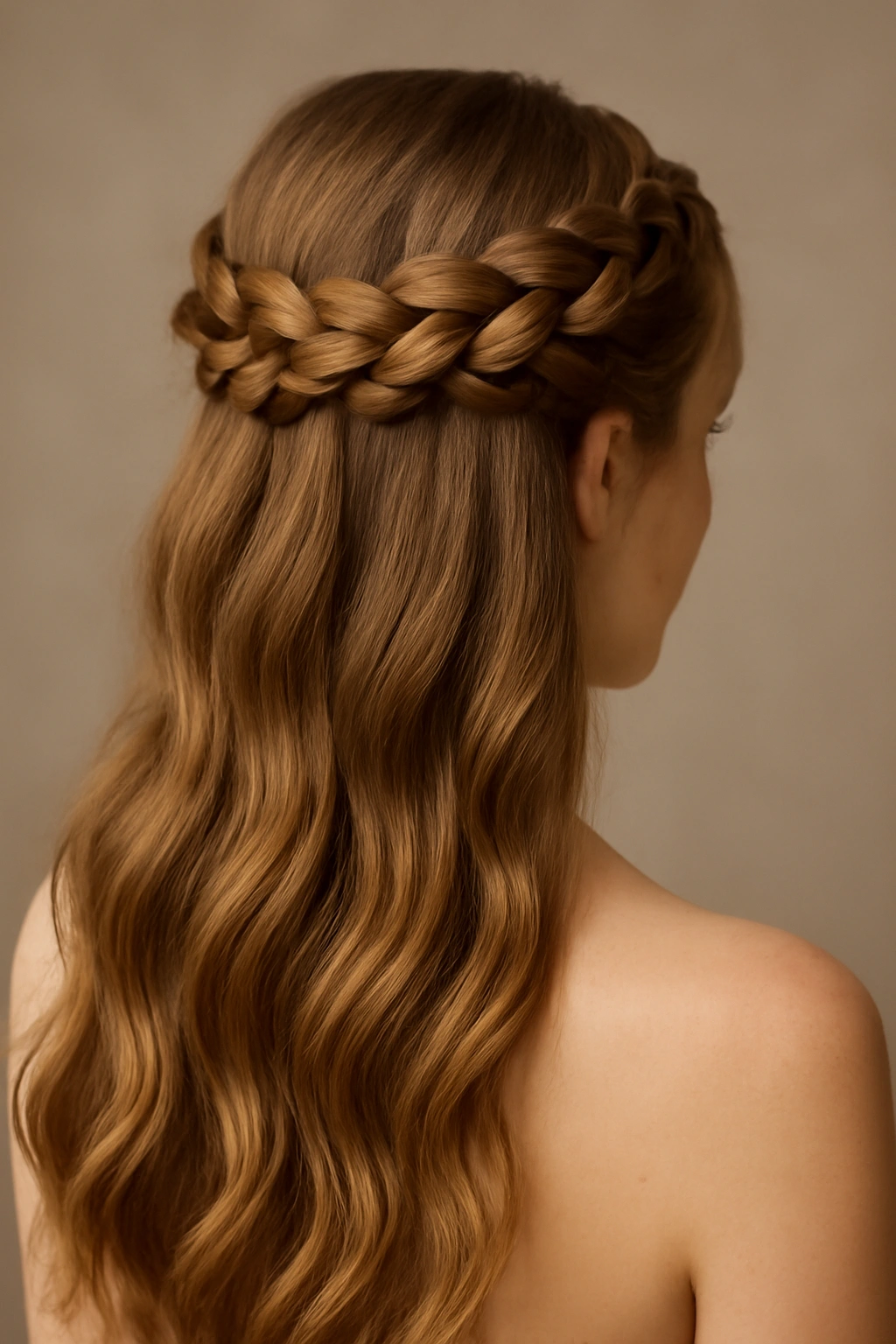 French braid around the crown with flowing waves on long hair