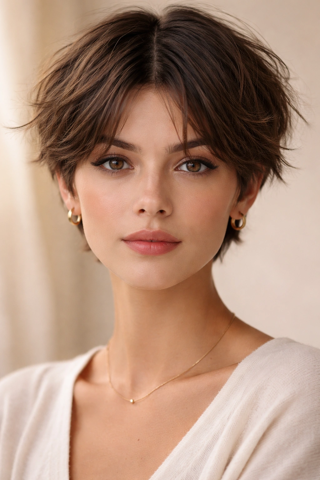 French girl pixie with tousled texture and a precise middle part.