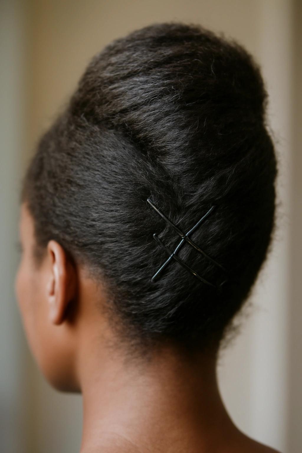 Close-up of a French roll secured with crisscross pins to hold its shape
