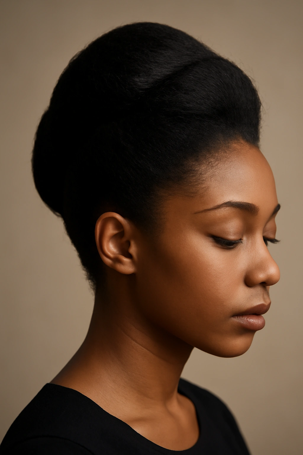 Portrait of a Black woman with a textured French roll updo in a neutral studio setting.