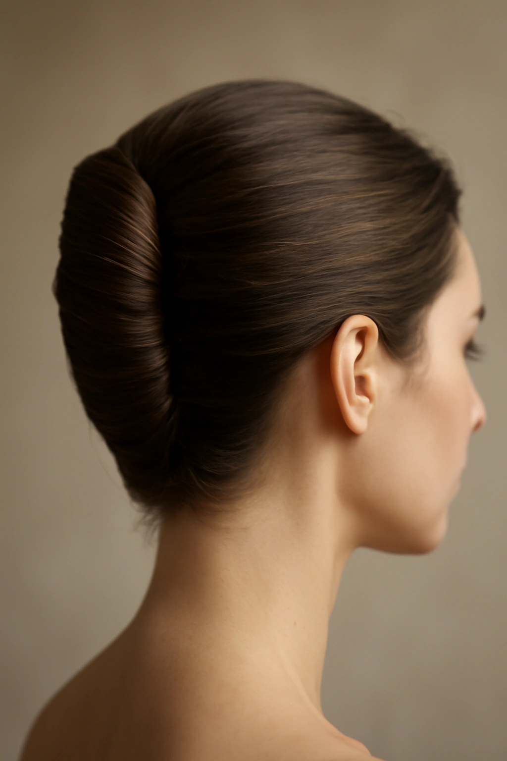 Sleek French twist updo at the nape of the neck, polished and formal