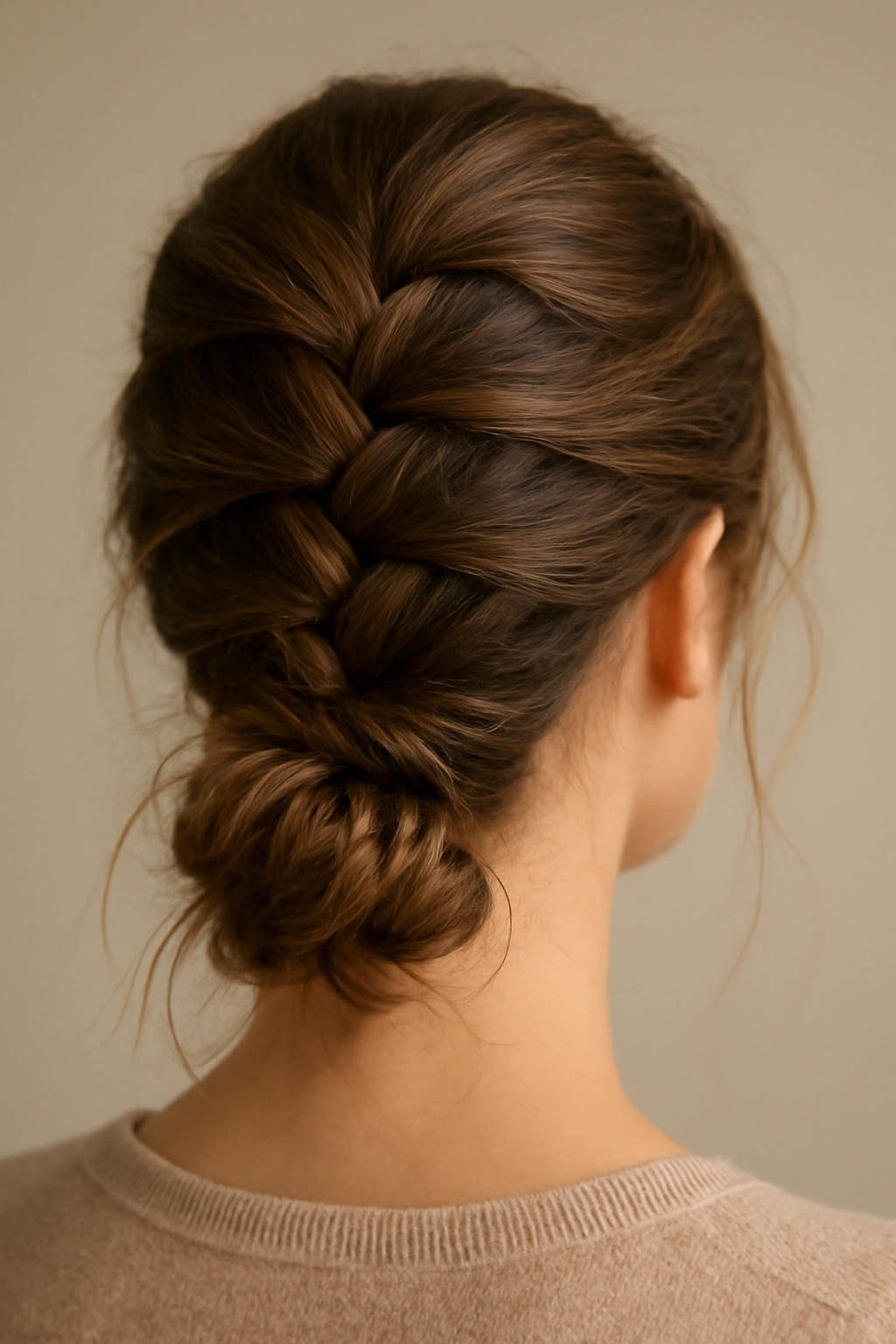 Close-up of a French braid flowing into a soft low bun on medium-length hair, warm studio lighting