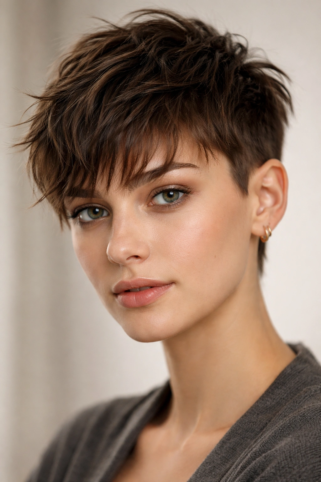 Portrait showing a choppy textured fringe with short sides