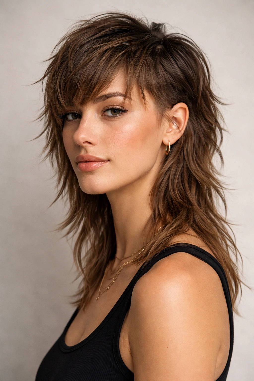 Close-up portrait of fringe-front mullet with 2-3 inch fringe and 4-5 inch back