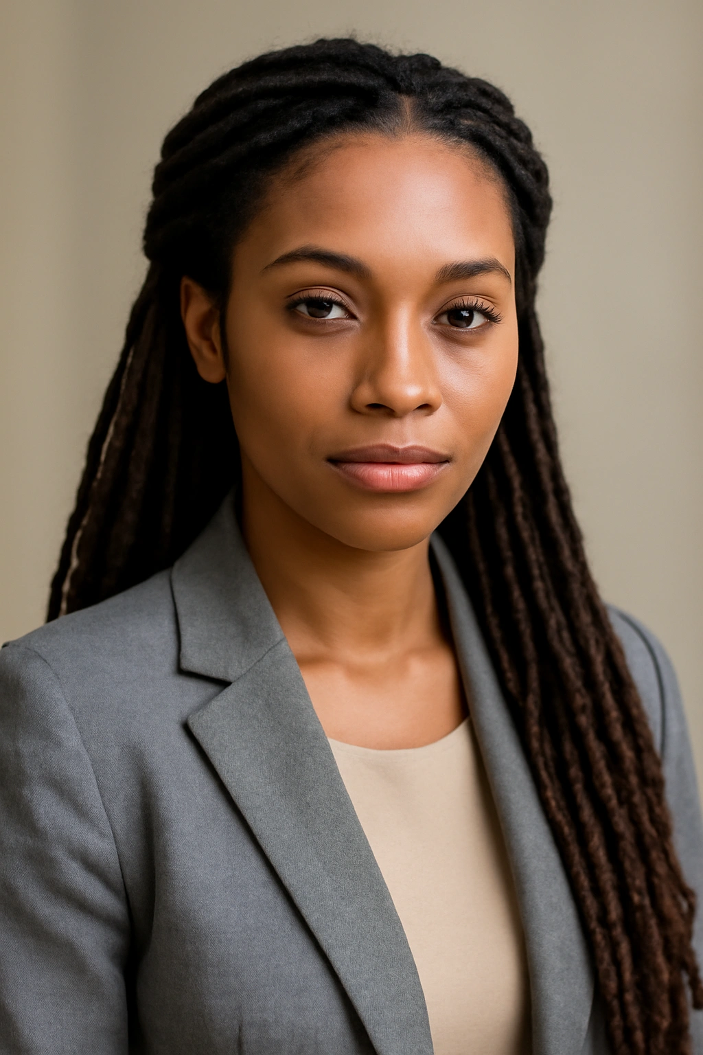 Portrait of a person with front-tucked locs framing the face in a professional setting